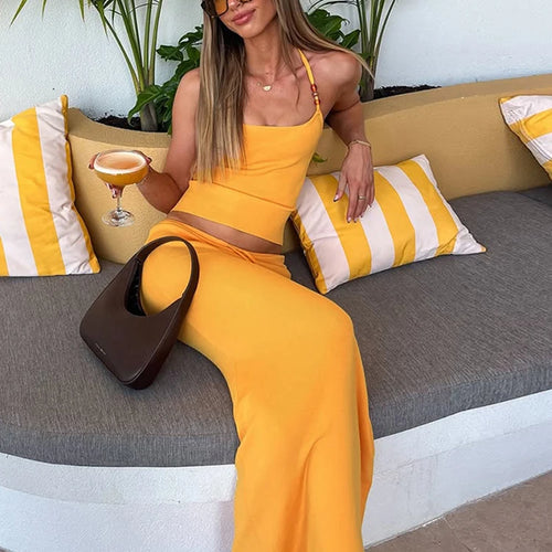 Load image into Gallery viewer, Lace-Up Halter 2 Piece Set Women Pearl Shirring Fashion Backless Crop Tops+Stretch Skirts Vacation Slim Beach Party Suits
