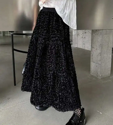High Elastic Waist Black Three-dimensional Midi A-line Half-body Skirt Women Fashion Tide New Spring Autumn 2025 1DH6459
