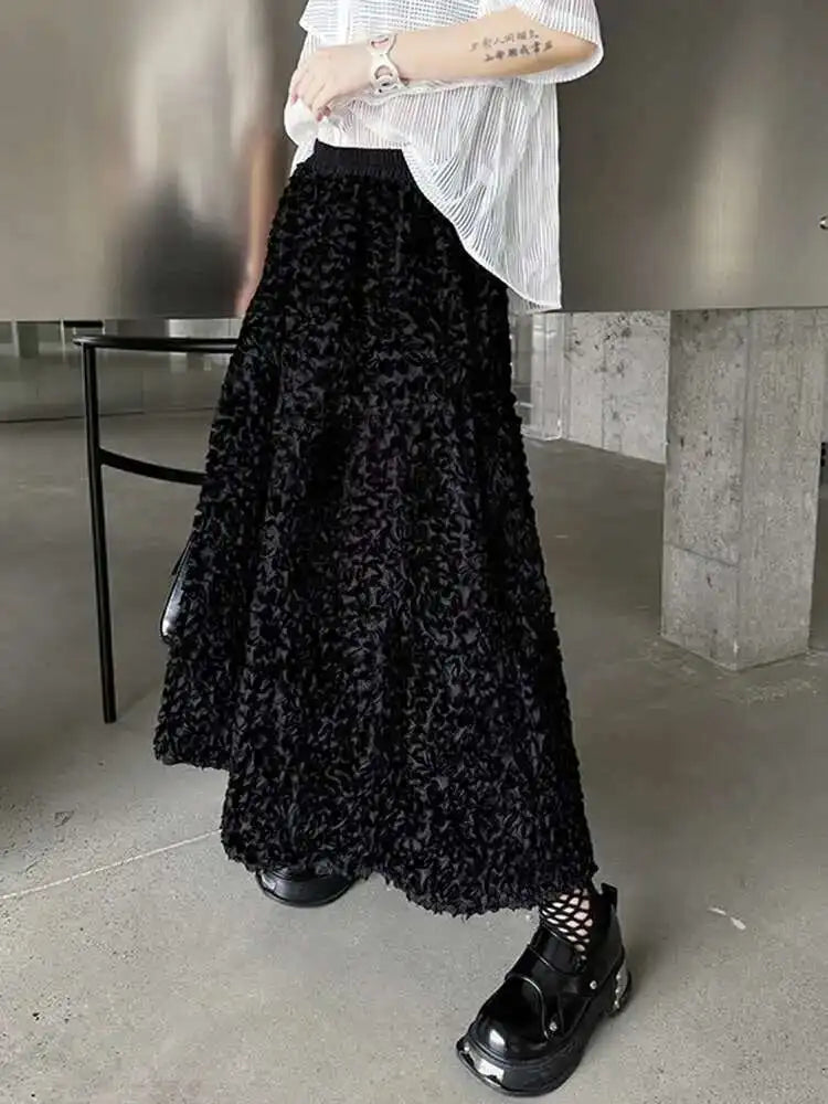 High Elastic Waist Black Three-dimensional Midi A-line Half-body Skirt Women Fashion Tide New Spring Autumn 2025 1DH6459