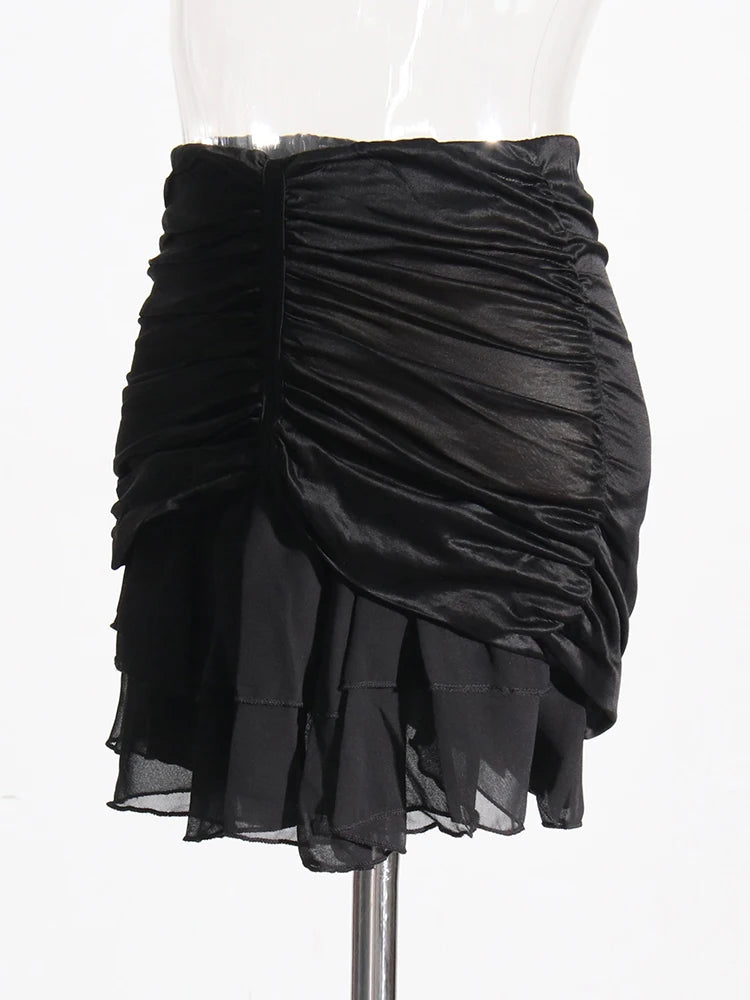 Streetwear Shirred Spliced Mesh Skirts For Women High Waist Ruched Mini A Line Skirt Female Summer Fashion Clothing