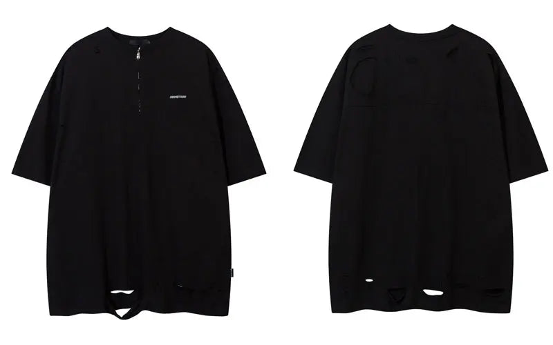 Hip Hop Oversized Tshirt Streetwear Solid Half Zipper Destroy Ripped Holes Punk Gothic T-Shirts Men Harajuku Casual Baggy Tops