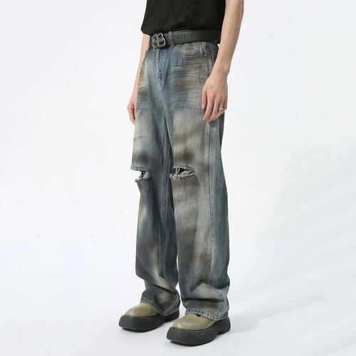 Load image into Gallery viewer, Men&#39;s Shredded Jeans Casual Retro Style Dirty Fashion Hole Design Loose Straight Wide Leg Pants Summer 9C5740
