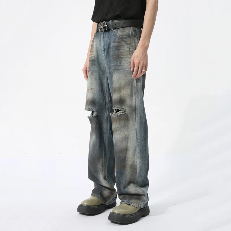 Men's Shredded Jeans Casual Retro Style Dirty Fashion Hole Design Loose Straight Wide Leg Pants Summer 9C5740