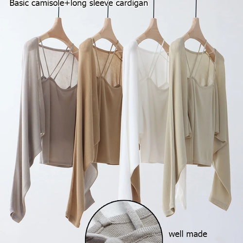 Load image into Gallery viewer, S/S Two Piece Set Raglan Sleeve Knit Duster Cardigan Iyocell Knitted Cropped Sweater Solid Color Cami Knit Top B-080
