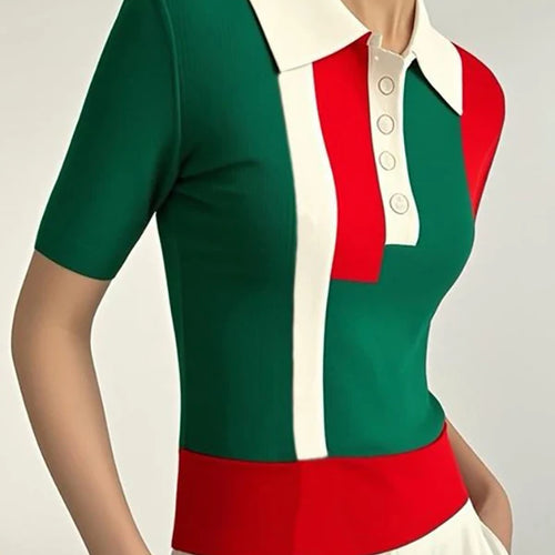 Load image into Gallery viewer, Knit Sweater Tops for Women 2025 Casual Contrast Color Buttoned Skinny Short Sleeves Polo Tee Shirts Woman Clothes
