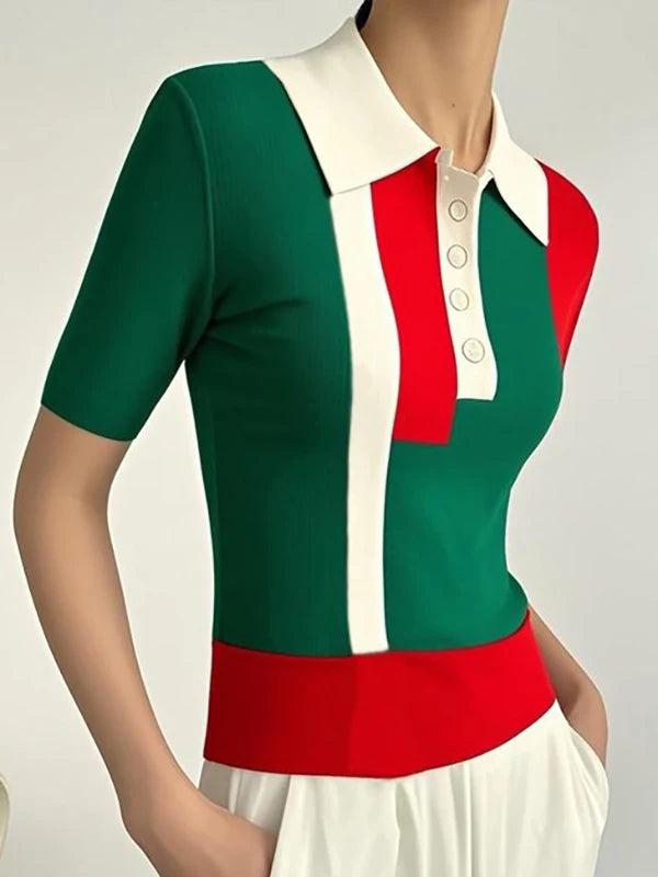 Knit Sweater Tops for Women 2025 Casual Contrast Color Buttoned Skinny Short Sleeves Polo Tee Shirts Woman Clothes