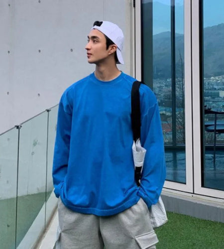 Men's Long Sleeve T-shirts Simple Casual Pullover Stylish Male Spring Loose Solid Color New Korean Trendy Round Neck 9W1455