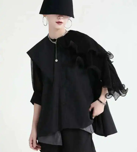 Women Green Irregular Ruffles Big Size Blouse New Lapel Short Sleeve Loose Fit Shirt Fashion Spring Summer 2025 1DF4886