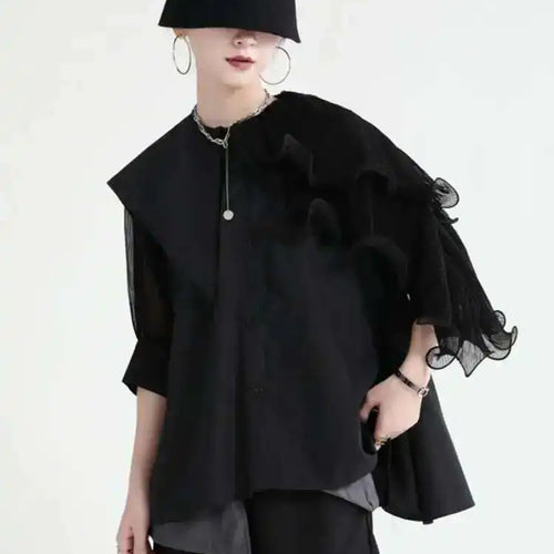 Load image into Gallery viewer, Women Green Irregular Ruffles Big Size Blouse New Lapel Short Sleeve Loose Fit Shirt Fashion Spring Summer 2025 1DF4886
