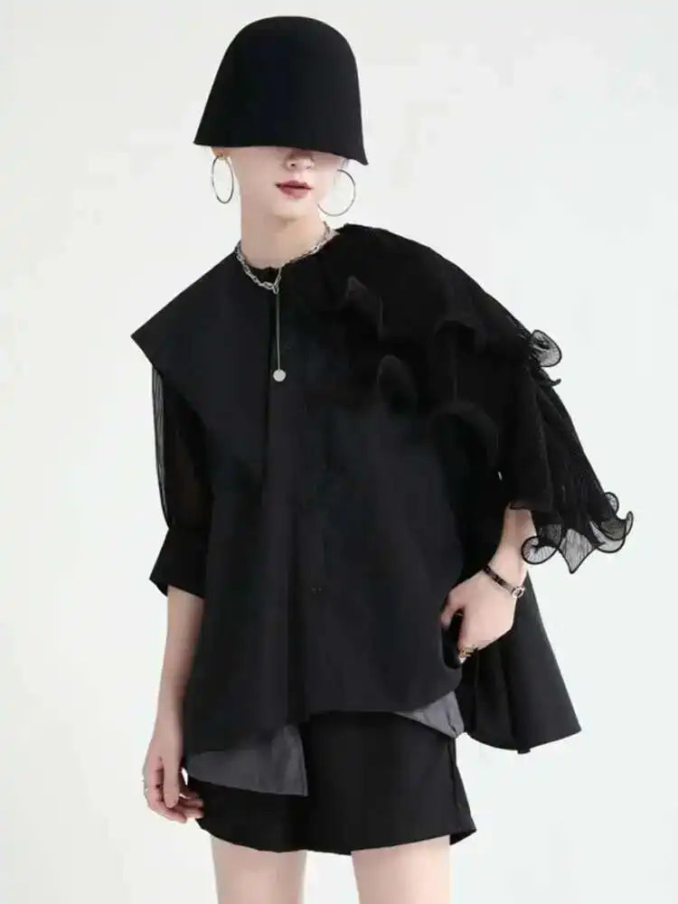 Women Green Irregular Ruffles Big Size Blouse New Lapel Short Sleeve Loose Fit Shirt Fashion Spring Summer 2025 1DF4886