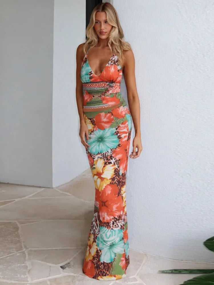 Leopard Print Sexy 2 Piece Sets Women Summer Fashion Lace-up Halter Crop Tops And Maxi Skirt Female Party Two Piece Set
