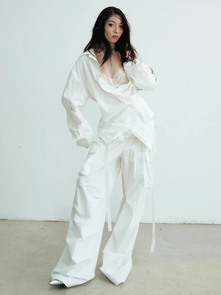 Women White Lace Hollow Out Big Size Elegant Blouse New Lapel Long Sleeve Shirt Fashion Tide Spring Autumn 2025 1DJ0688