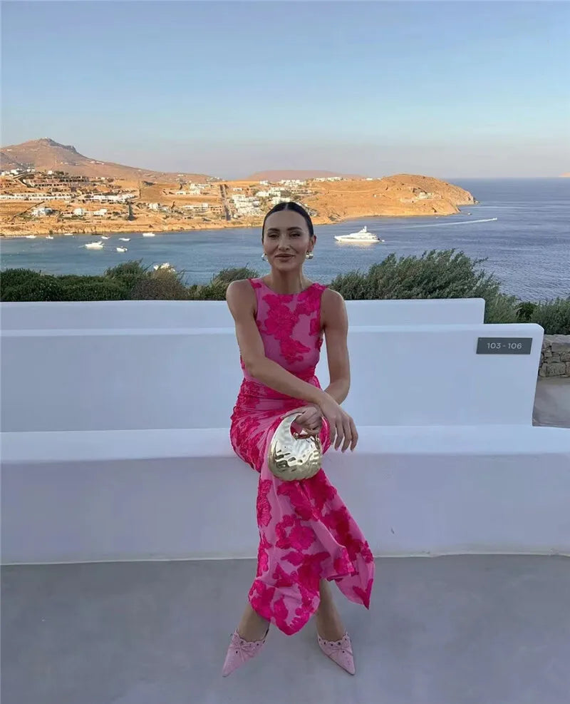 Elegant Floral Print Sexy Maxi Dress For Women Embroidered Applique Tank Dress Femme Bodycon Club Party Long Dress