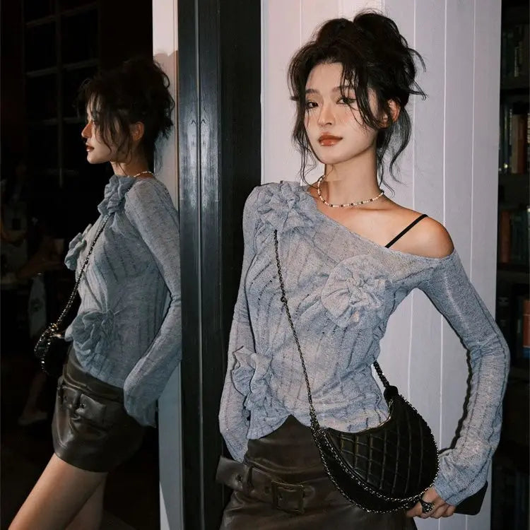 Autumn Sweet Solid 3D Flower Women's T-Shirt  New Knitted Streetwear Bottoming Tshirts Y2k Aesthetic Slash Neck Tee Shirts