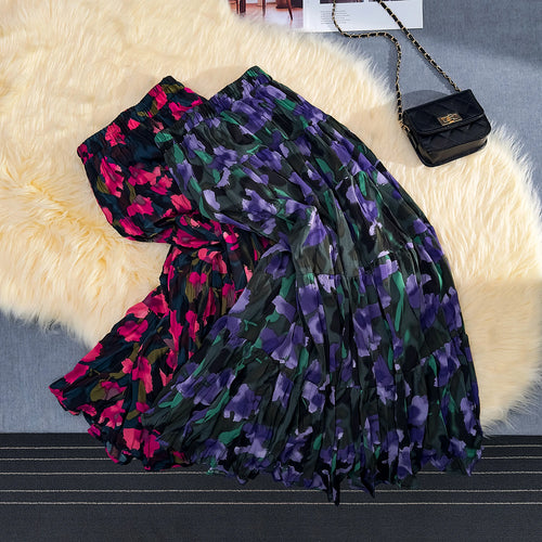 Load image into Gallery viewer, Korean Fashion Red Floral Print Skirt Women 2024 Spring Summer New Purple Floral Elegant A-line Beach Holdiay Long Skirts Trendy
