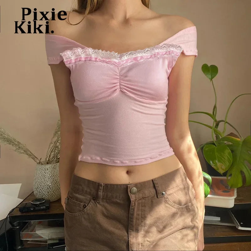 Y2k Tank Tops Woman 2024 Summer Lace Trim Square Neck Backless Crop Top Pink Coquette Clothes P77-BZ12