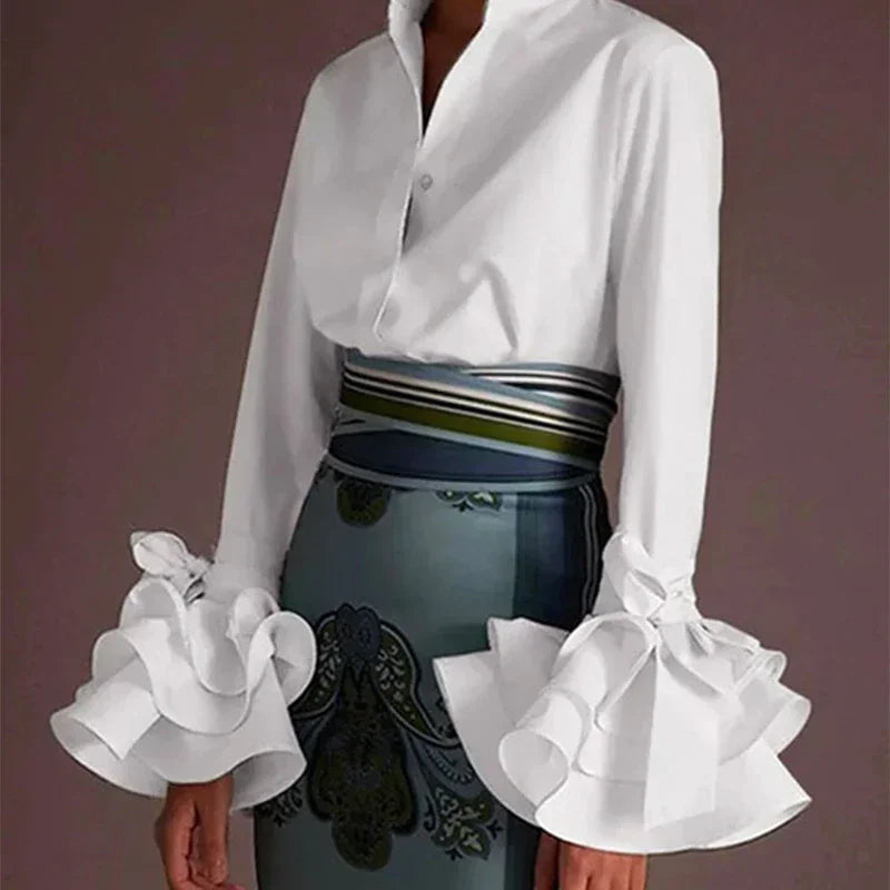 Women's Classic Simple Shirts 2025 Spring Fall Flared Sleeves Falbala Lapel Spring Urban Business Lady Tops Blouse