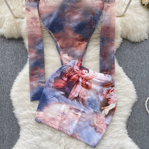 Load image into Gallery viewer, Fashion Hotsweet Two Pieces Suits O Neck Long Sleeved Transparent BodySuit Top+ Skinny Mini Skirt Tie Dye Print Sets
