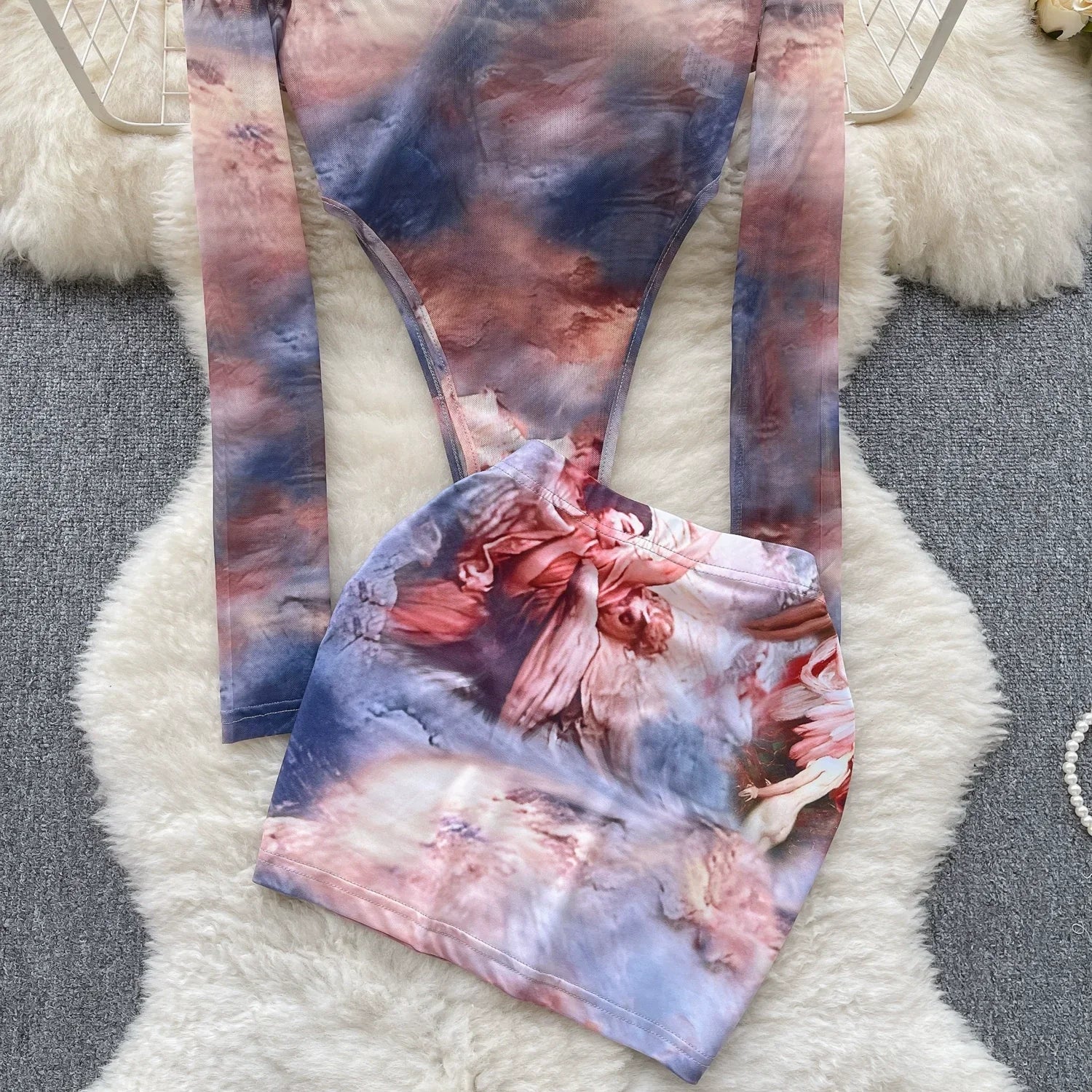 Fashion Hotsweet Two Pieces Suits O Neck Long Sleeved Transparent BodySuit Top+ Skinny Mini Skirt Tie Dye Print Sets