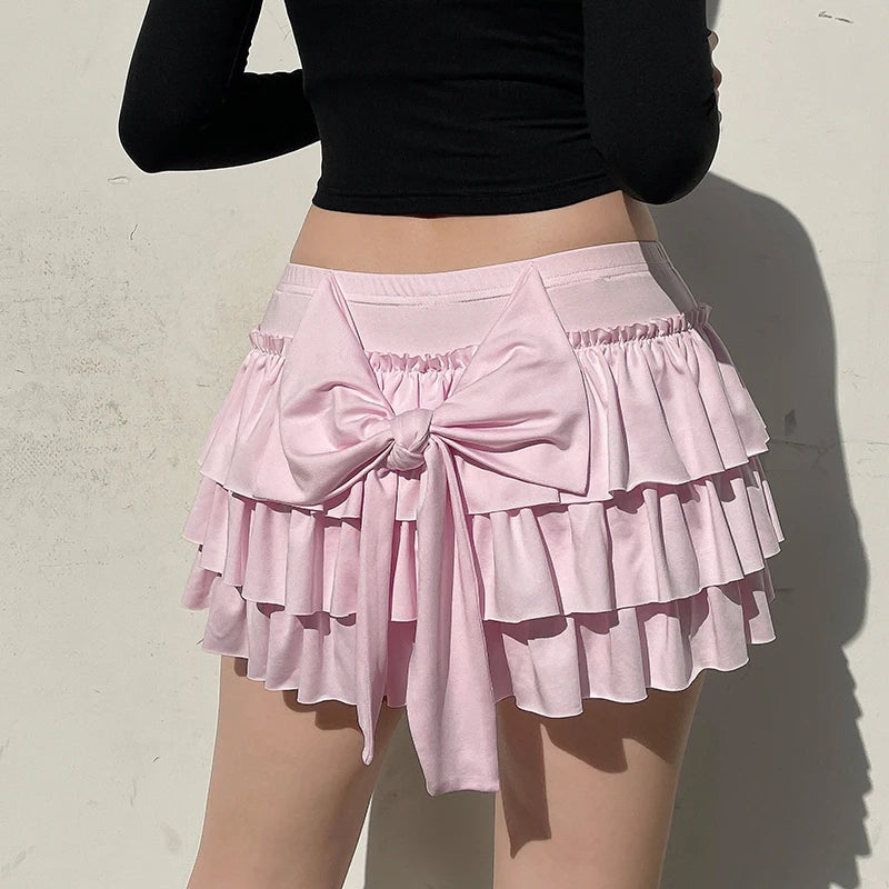 Hotsweet Pink Coquette Low Rise Mini Skirt Ruched Korean Lolita Cake Women Skirts Bow Three-Layers Folds Hottie Y2K