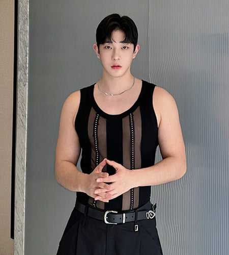 Summer American Men's Vest Vintage Hollow-out Spliced Sleeveless Knitted Tank Top Sexy Style Perspective Men Tee 9C5987