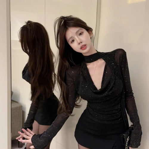 Load image into Gallery viewer, See Through Fashion V Neck Long Sleeve Tees Y2k Aesthetic Elegant Chic Women T-shirts Korean Slim Streetwear All Match Tshirts
