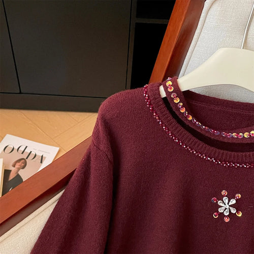 Load image into Gallery viewer, Korean Autumn Winter Beige Diamonds Long Sleeves Loose Knit Crochet Sweater Women's Red Round Neck Versatile Short Pullover Tops
