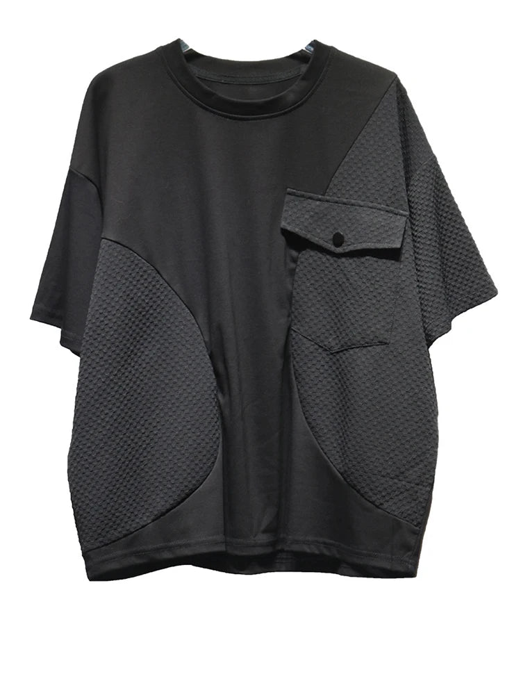 Women Black Splice Color-block Big Size Casual T-shirt New Round Neck Short Sleeve Fashion Tide Spring Summer 2025 1DJ0603