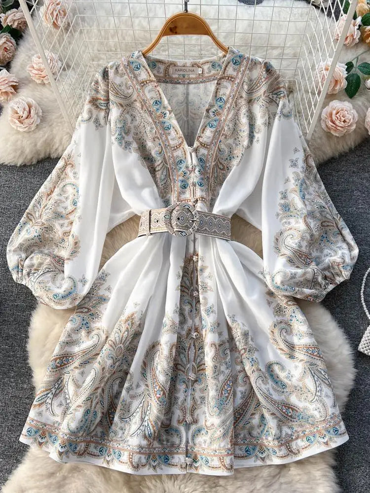 French Retro Women Black Print Single Breasted Short Dresses Autumn Winter Beige Slim Lantern Sleeve Mini Dress Ladies Bohemian