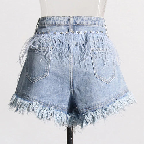 Load image into Gallery viewer, Patchwork Diamonds Designer Denim Shorts For Women High Waist Spliced Feathers Casual Short Pants Female Fashion

