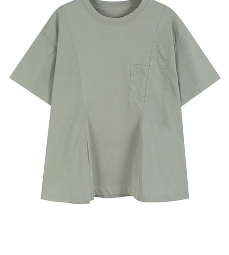Women Gray Irregular Pocket Spliced Big Size T-shirt New Round Neck Short Sleeve Fashion Tide Spring Summer 2025  1DJ0923