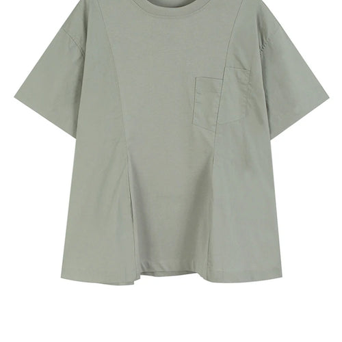 Load image into Gallery viewer, Women Gray Irregular Pocket Spliced Big Size T-shirt New Round Neck Short Sleeve Fashion Tide Spring Summer 2025  1DJ0923
