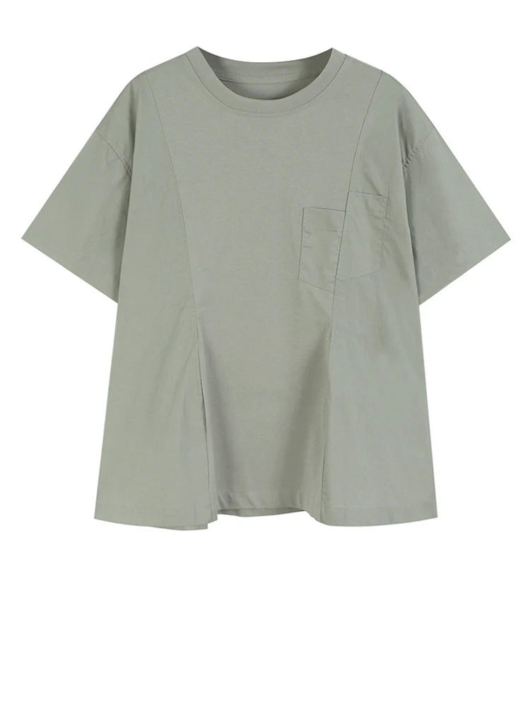 Women Gray Irregular Pocket Spliced Big Size T-shirt New Round Neck Short Sleeve Fashion Tide Spring Summer 2025  1DJ0923