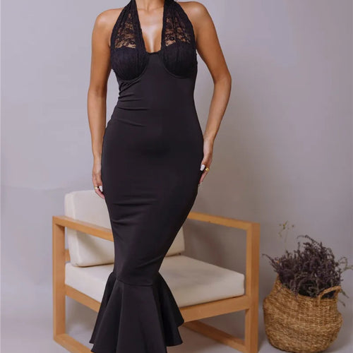 Load image into Gallery viewer, Sleeveless Fishtail Maxi Dress For Women Autumn New Halter Deep V Neck Backless Bodycon Party Sexy Long Dress Elegant
