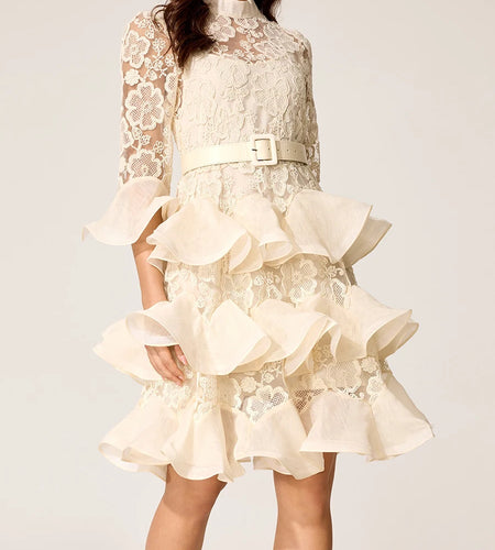 Solid Sheer Spliced Embroidery Dresses for Women Round Neck Half Sleeves Patchwork Ruffles Folds Dress Female New