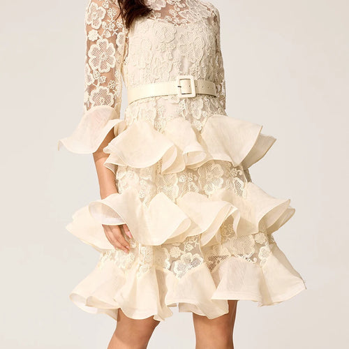 Load image into Gallery viewer, Solid Sheer Spliced Embroidery Dresses for Women Round Neck Half Sleeves Patchwork Ruffles Folds Dress Female New
