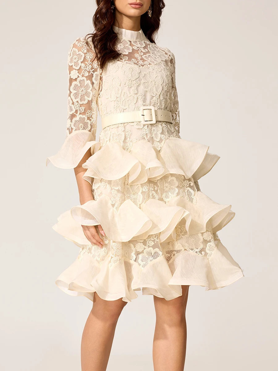 Solid Sheer Spliced Embroidery Dresses for Women Round Neck Half Sleeves Patchwork Ruffles Folds Dress Female New