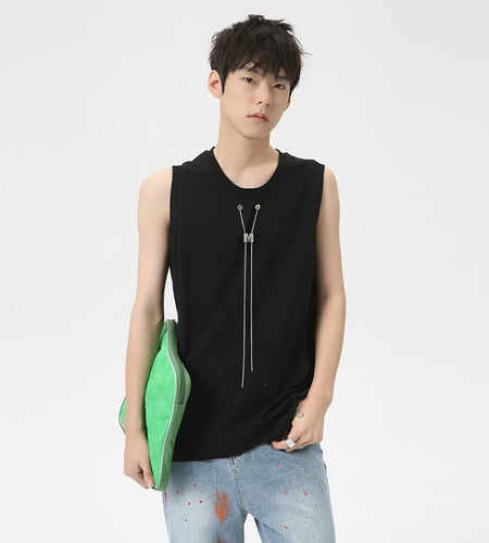 Niche Style Male Tank Tops Metal Chains Casual Round Neck Sleeveless Loose Men's Tops New Fashion Summer 9C6266