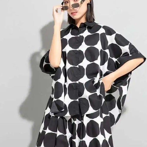 Load image into Gallery viewer, Women Black Dot Printed Big Size Blouse New Lapel Three-quarter Sleeve Loose Fit Shirt Fashion Spring Summer 2025 1DE6982
