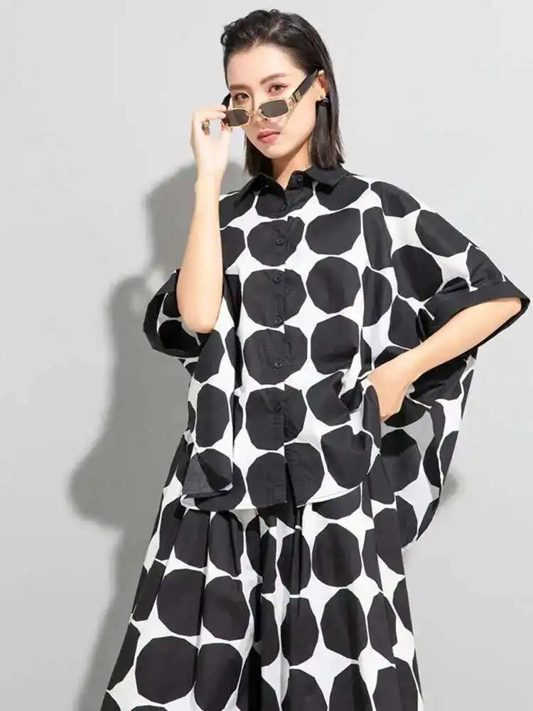 Women Black Dot Printed Big Size Blouse New Lapel Three-quarter Sleeve Loose Fit Shirt Fashion Spring Summer 2025 1DE6982