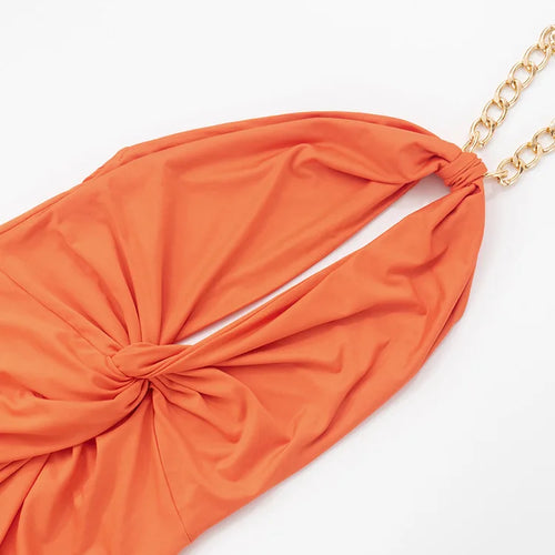 Load image into Gallery viewer, Metal Chain Halter Backless Sexy Maxi Dress Women Orange Off-shoulder Sleeveless Thigh High Split Club Long Dress
