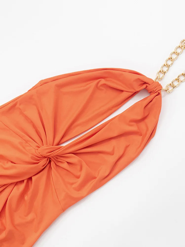 Metal Chain Halter Backless Sexy Maxi Dress Women Orange Off-shoulder Sleeveless Thigh High Split Club Long Dress
