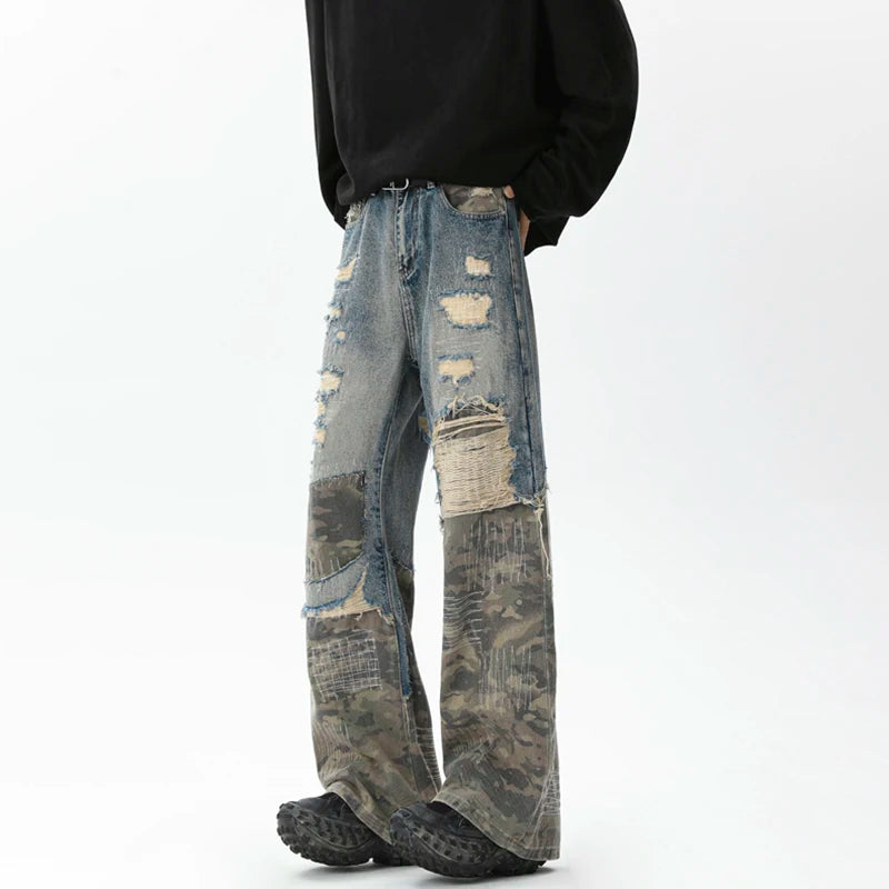 High Street Men's Denim Pants Camouflage Spliced Hole Niche Trousers Straight Wide Leg Loose Male Jeans Autumn Tide 9C9273