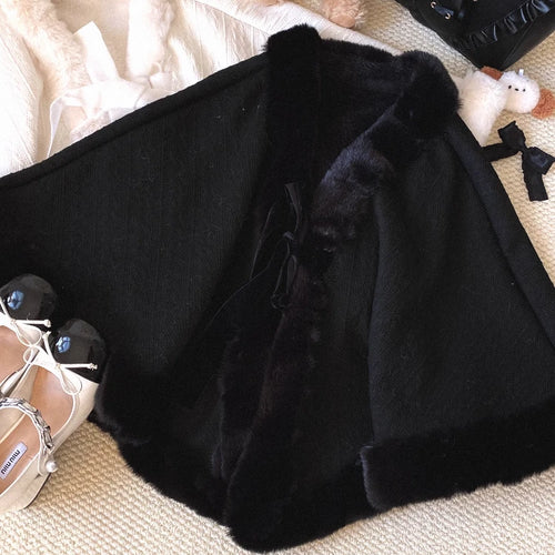 Load image into Gallery viewer, Y2k Aesthetic Fashion Lolita Cloak Coats Sweet Kawaii Fluffy Vintag Elegant Capes Loose Bandage Cute Bow Women Jacket Streetwear
