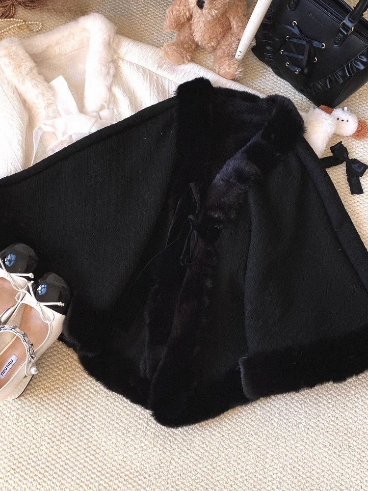 Y2k Aesthetic Fashion Lolita Cloak Coats Sweet Kawaii Fluffy Vintag Elegant Capes Loose Bandage Cute Bow Women Jacket Streetwear