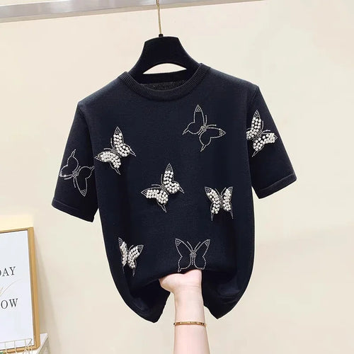 Load image into Gallery viewer, Summer O Neck Puff Short Sleeve Women T-Shirts Sweet Pearl Embroidery Female Knitted Tops Korean Chic Butterfly Beading Tees
