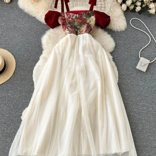 Load image into Gallery viewer, French Retro Women Beige Patchwork Mesh Embroidered Elegant High Waist Pleated Dress Summer Slim Slip Lace-up Long Dress Popular
