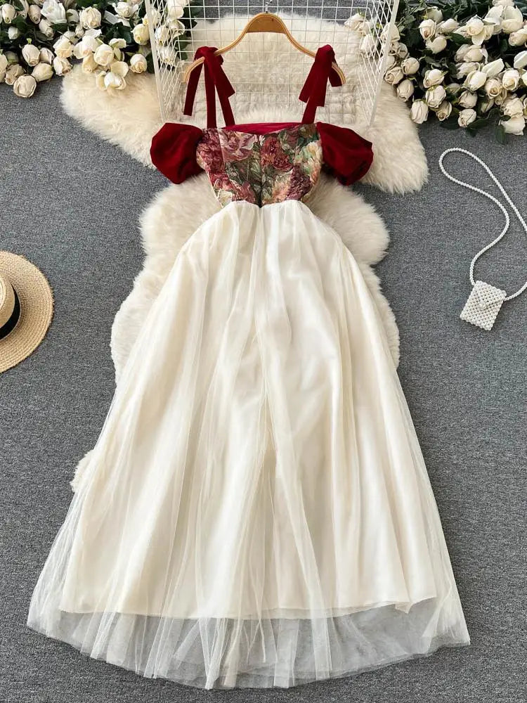 French Retro Women Beige Patchwork Mesh Embroidered Elegant High Waist Pleated Dress Summer Slim Slip Lace-up Long Dress Popular