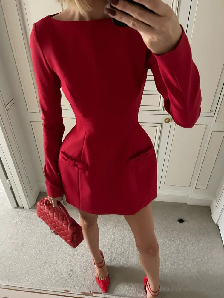 Elegant Long Sleeve Mini Dress Women Bow Round Neck Bodycon Female Autumn/Winter 2025 New Fashionable Street Clothing