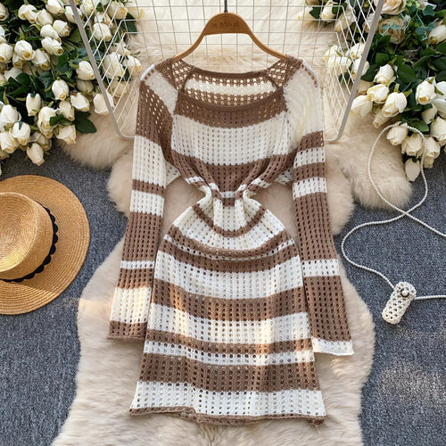 Load image into Gallery viewer, Korean 2025 Spring New Elegant Rainbow Stripe Long Sleeves Knitted Dresses Women Round Neck Hollow Out Vacation Midi Dress Trend
